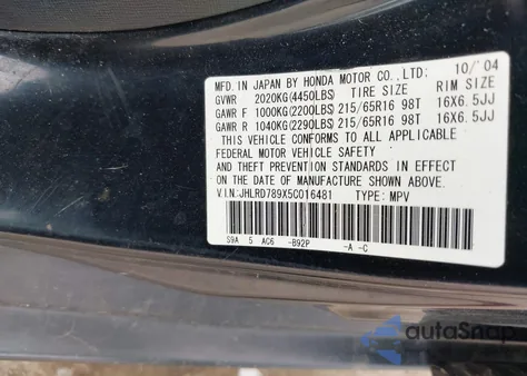 2005 Honda Cr-V Se z USA, uszkodzony, nr VIN JHLRD789X5C016481